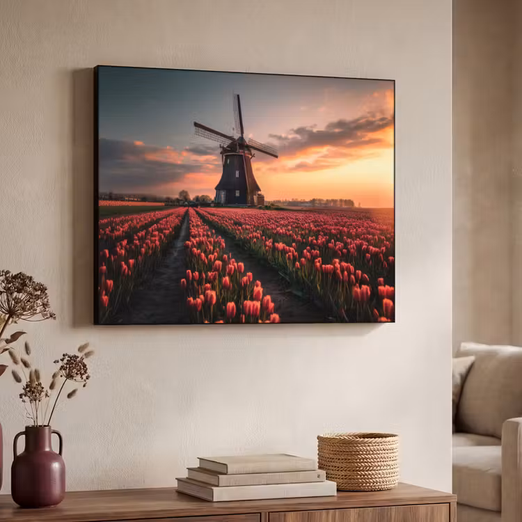 Molen - Zonsondergang - Tulpen - Rood Textielframe - compleet frame klein -sfeer3