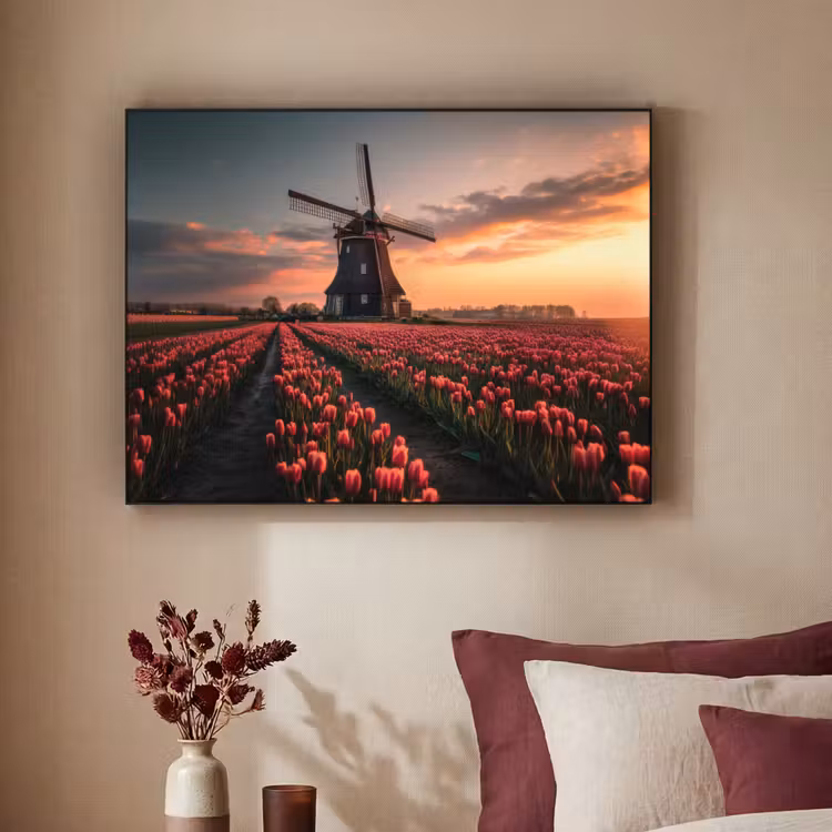 Molen - Zonsondergang - Tulpen - Rood Textielframe zwart klein -sfeer1