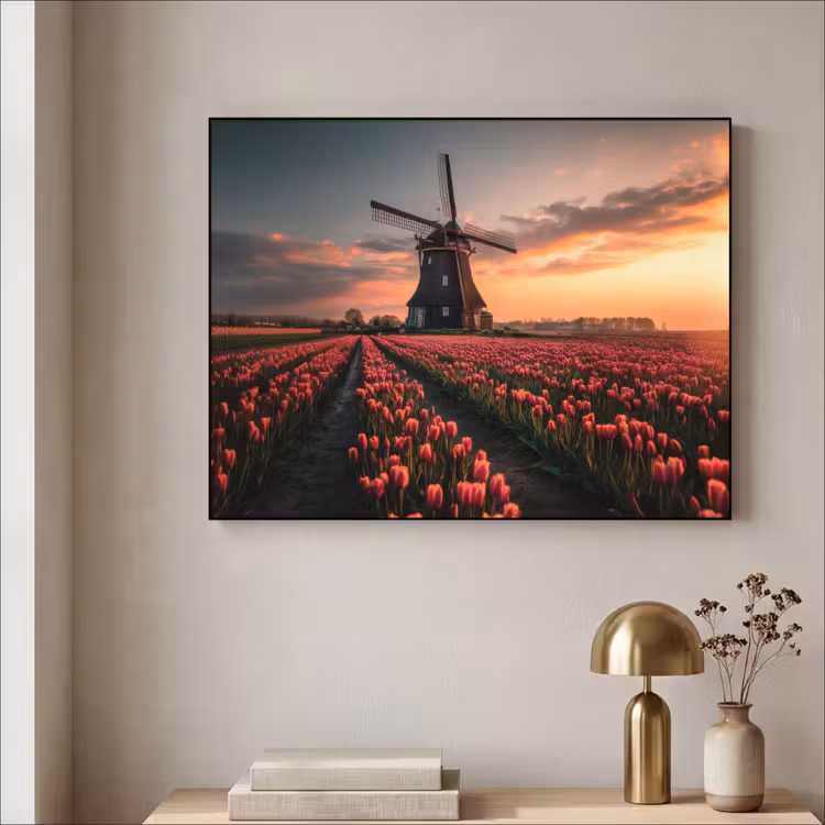 Molen - Zonsondergang - Tulpen - Rood Textielframe zwart klein -sfeer2