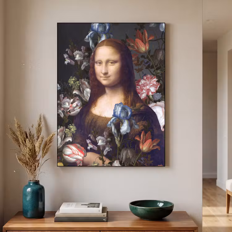 Mona Lisa - Leonardo da Vinci - Bloemen Textielframe zwart klein -sfeer1