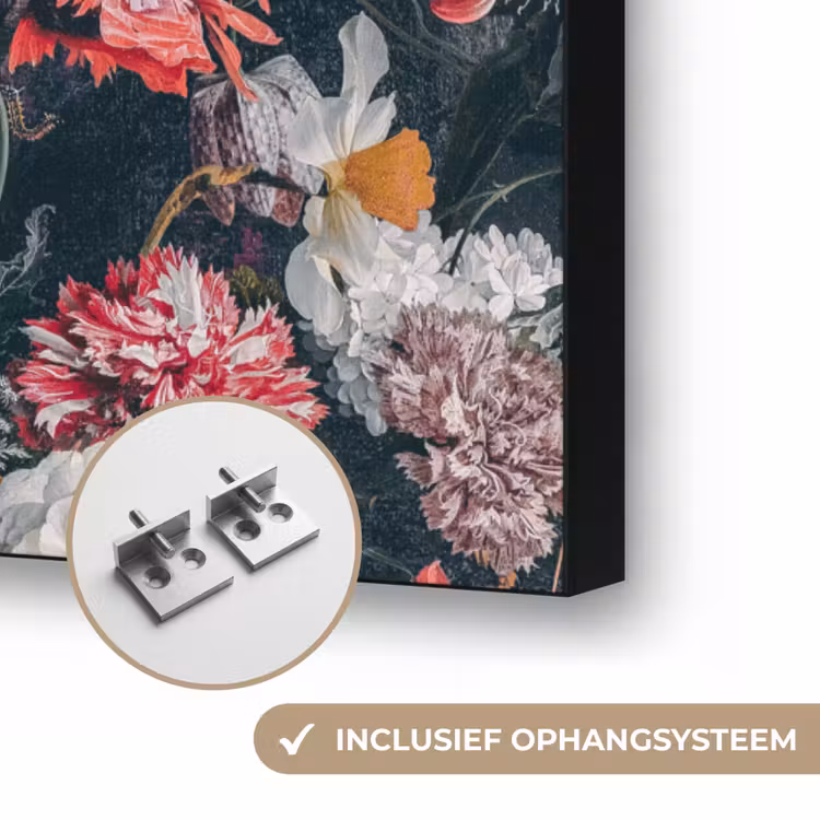 Mona Lisa - Leonardo da Vinci - Bloemen - Roze Textielframe zwart klein -USP_ophangsysteemNL