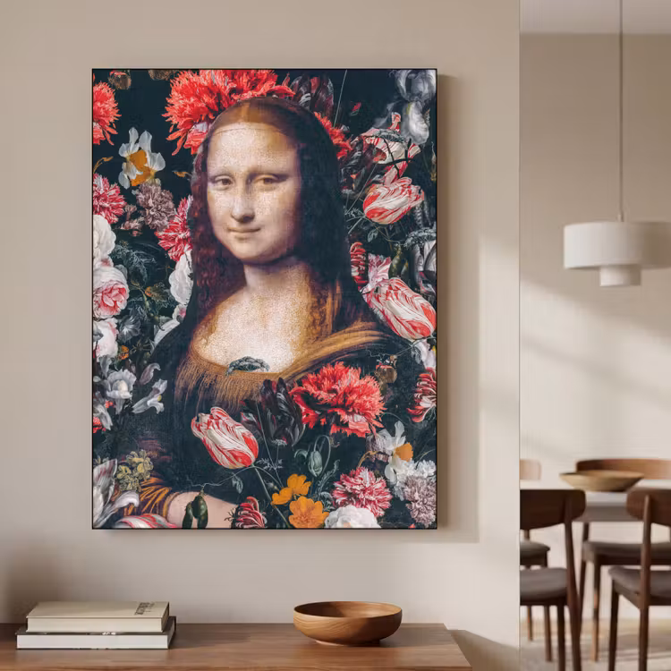 Mona Lisa - Leonardo da Vinci - Bloemen - Roze Textielframe zwart klein -sfeer2