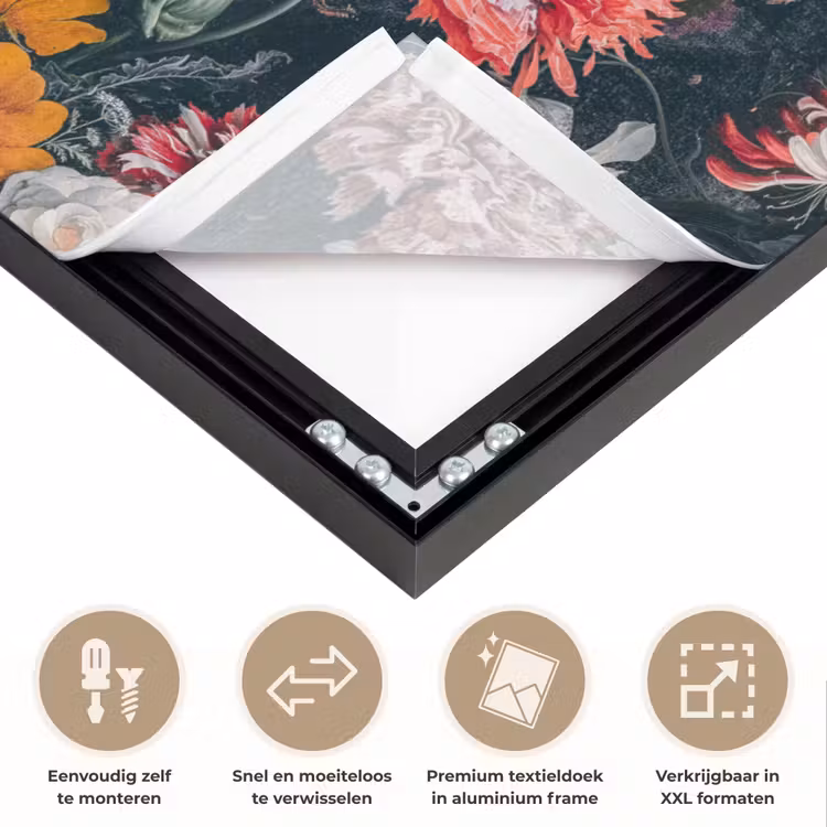 Mona Lisa - Leonardo da Vinci - Bloemen - Roze Textielframe zwart klein -USP_closeupNL