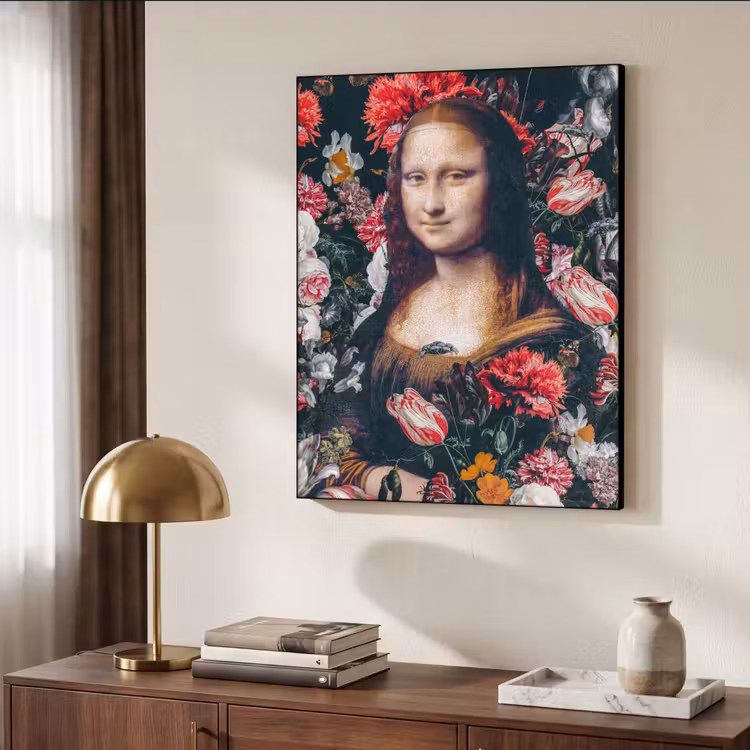 Mona Lisa - Leonardo da Vinci - Bloemen - Roze Textielframe zwart klein -sfeer3