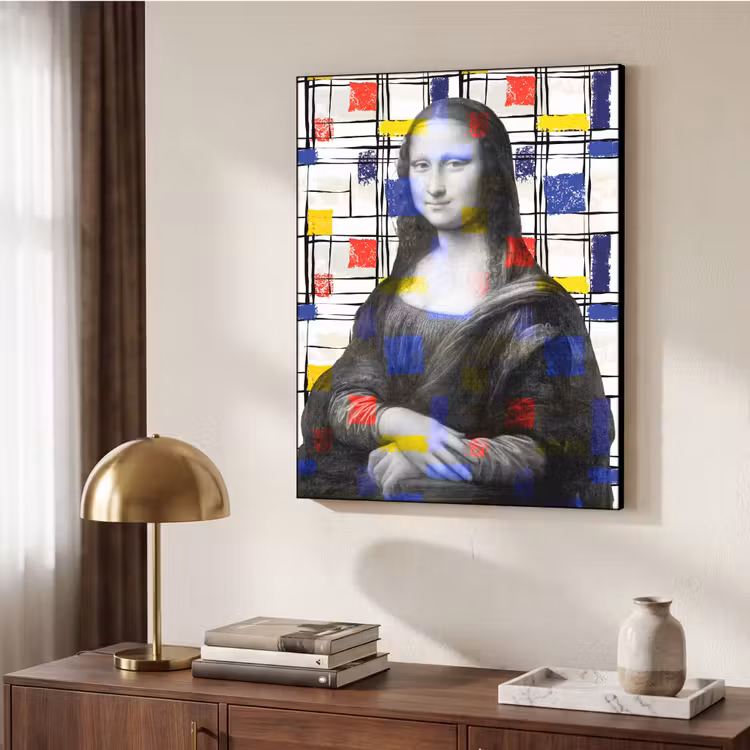 Mona Lisa - Mondriaan - Oude Meesters Textielframe zwart klein -sfeer3