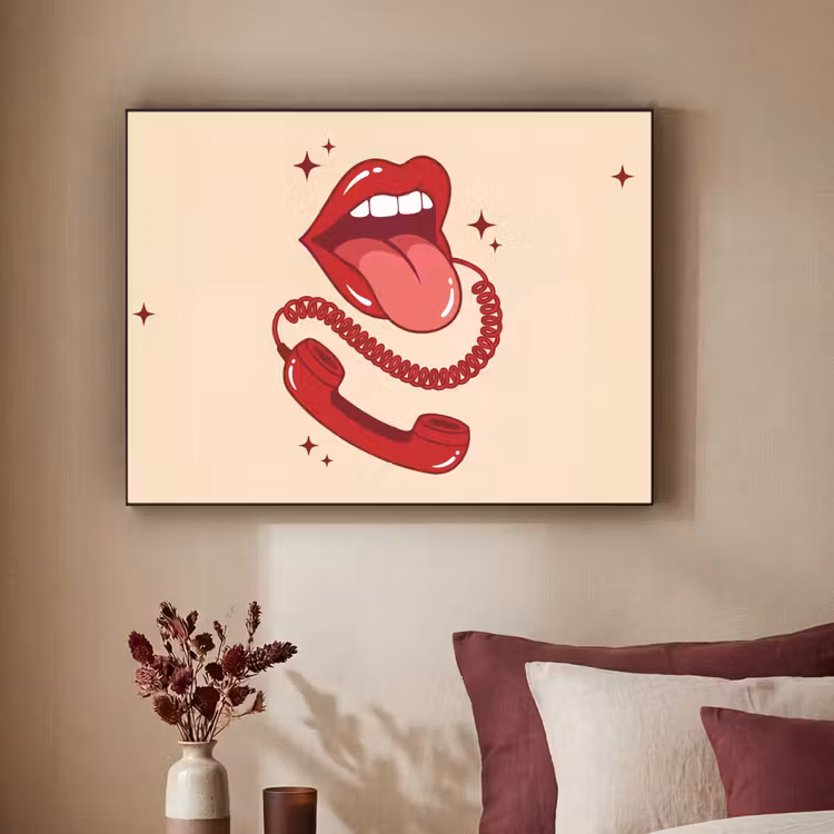 Mond - Telefoon - Popart - Rood - Illustratie Textielframe zwart klein -sfeer1