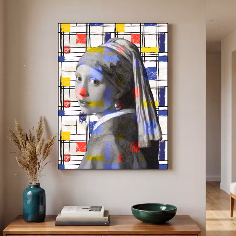 Mondriaan - Meisje met de parel - Collage Textielframe zwart klein -sfeer1