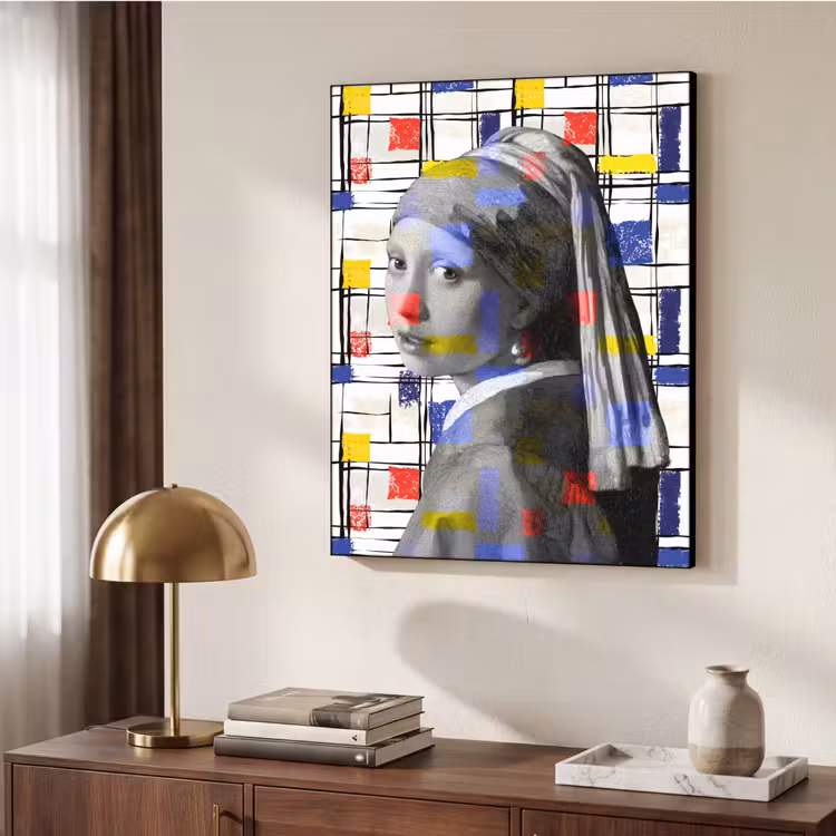 Mondriaan - Meisje met de parel - Collage Textielframe zwart klein -sfeer3
