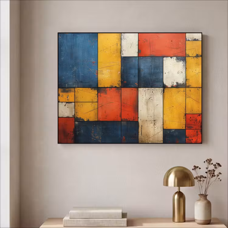 Mondriaan stijl - Kunst - Kleurrijk - Modern Textielframe - compleet frame klein -sfeer2