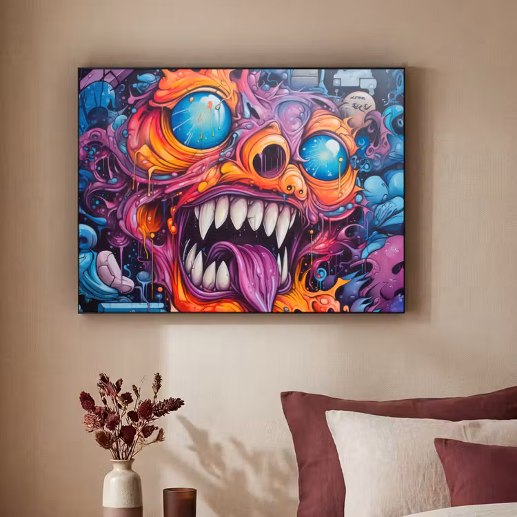 Monster - Graffiti - Kleuren - Oranje Textielframe zwart klein -sfeer1