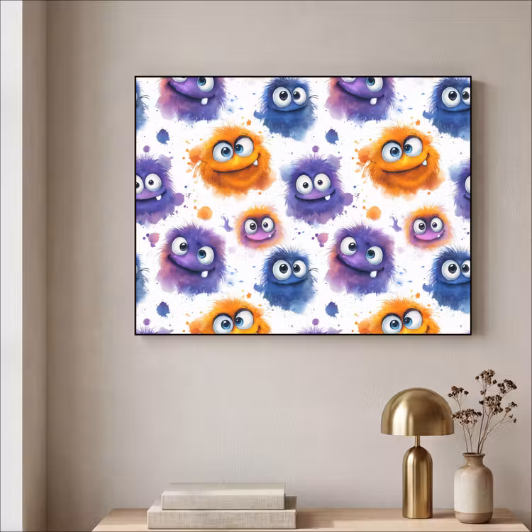 Monstertjes - Aquarel - Kleurrijk Textielframe zwart klein 947 -sfeer2