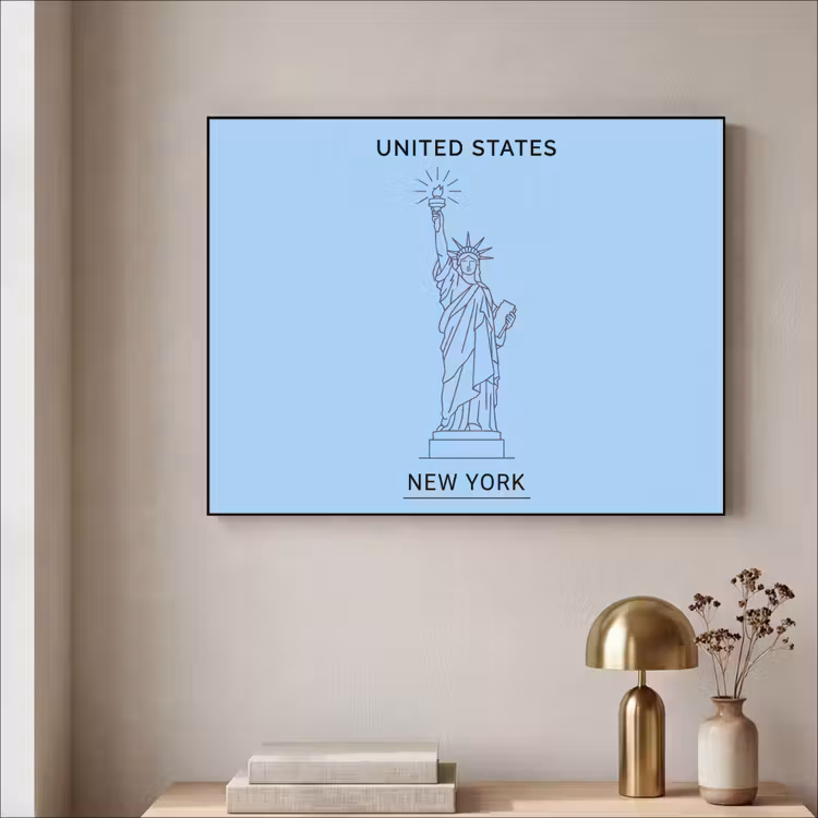 Monument - Vrijheidsbeeld - New York - Minimalistisch - Blauw Textielframe zwart klein -sfeer2