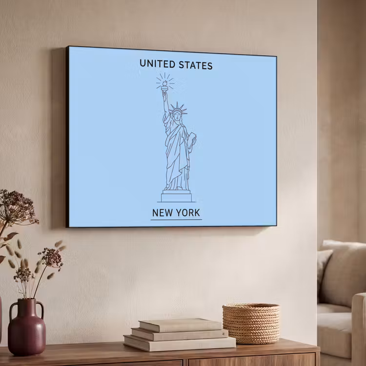 Monument - Vrijheidsbeeld - New York - Minimalistisch - Blauw Textielframe zwart klein -sfeer3