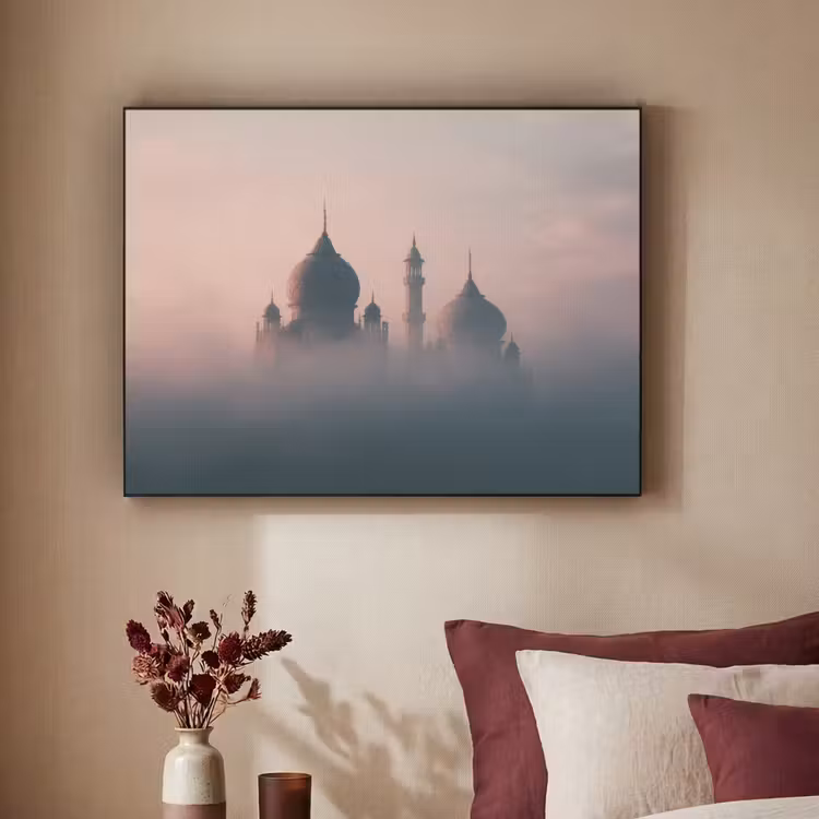 Moskee - Minaretten - mist - Islamitisch Textielframe zwart klein -sfeer1