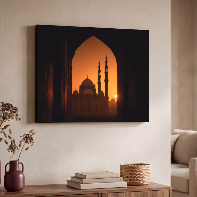 Moskee - Oranje lucht - Islamitisch Textielframe - compleet frame klein -sfeer3