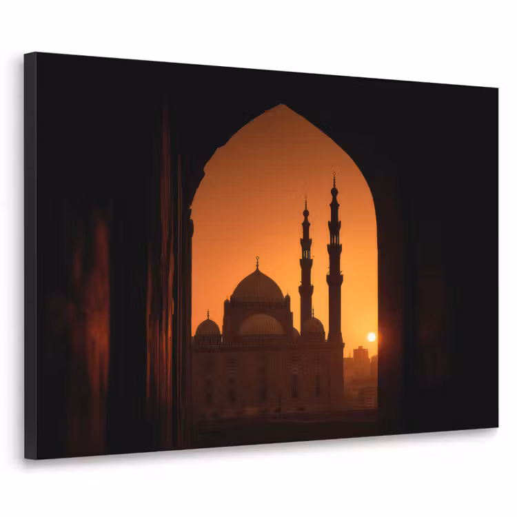 Moskee - Oranje lucht - Islamitisch Textielframe zwart klein -3d