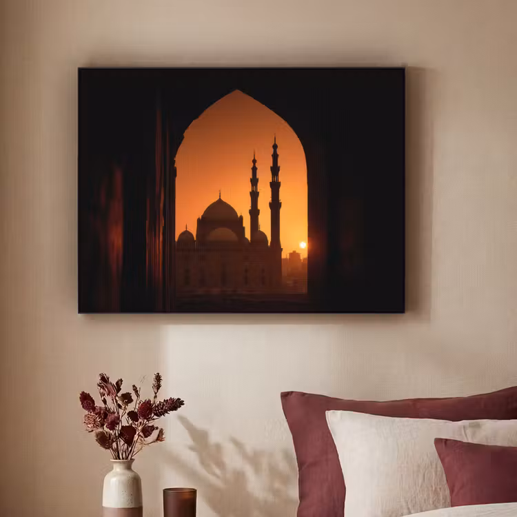 Moskee - Oranje lucht - Islamitisch Textielframe zwart klein -sfeer1