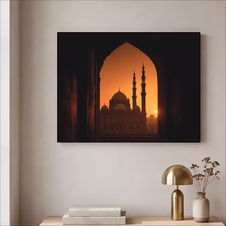 Moskee - Oranje lucht - Islamitisch Textielframe zwart klein -sfeer2