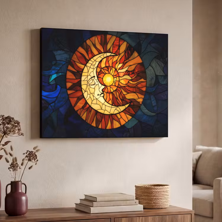Mozaïek - Glas - Maan - Donkerblauw Textielframe zwart klein -sfeer3
