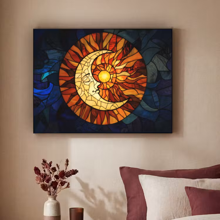 Mozaïek - Glas - Maan - Donkerblauw Textielframe zwart klein -sfeer1