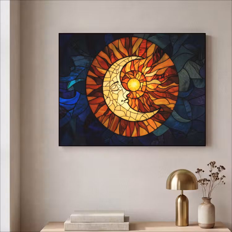 Mozaïek - Glas - Maan - Donkerblauw Textielframe - compleet frame klein -sfeer2
