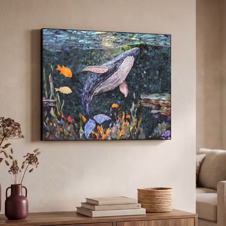 Mozaïek - Walvis - Koraal - Water Textielframe - compleet frame klein -sfeer3