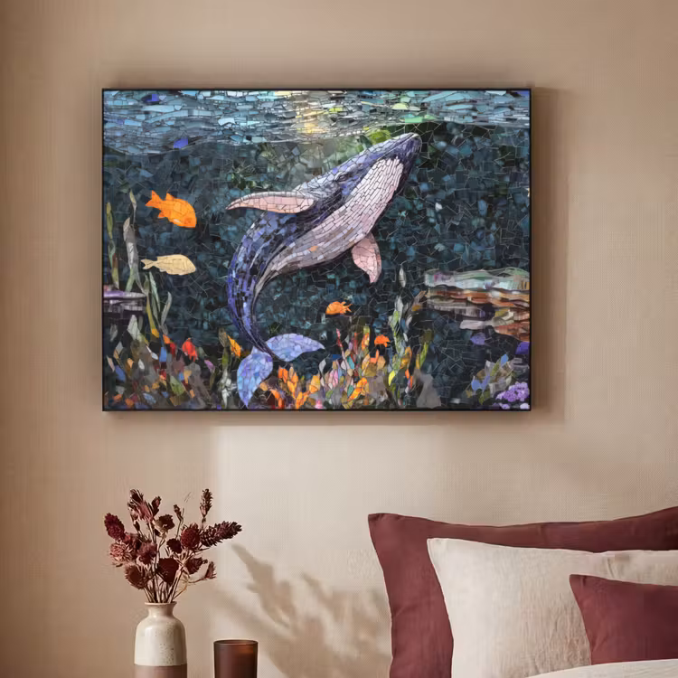 Mozaïek - Walvis - Koraal - Water Textielframe zwart klein -sfeer1