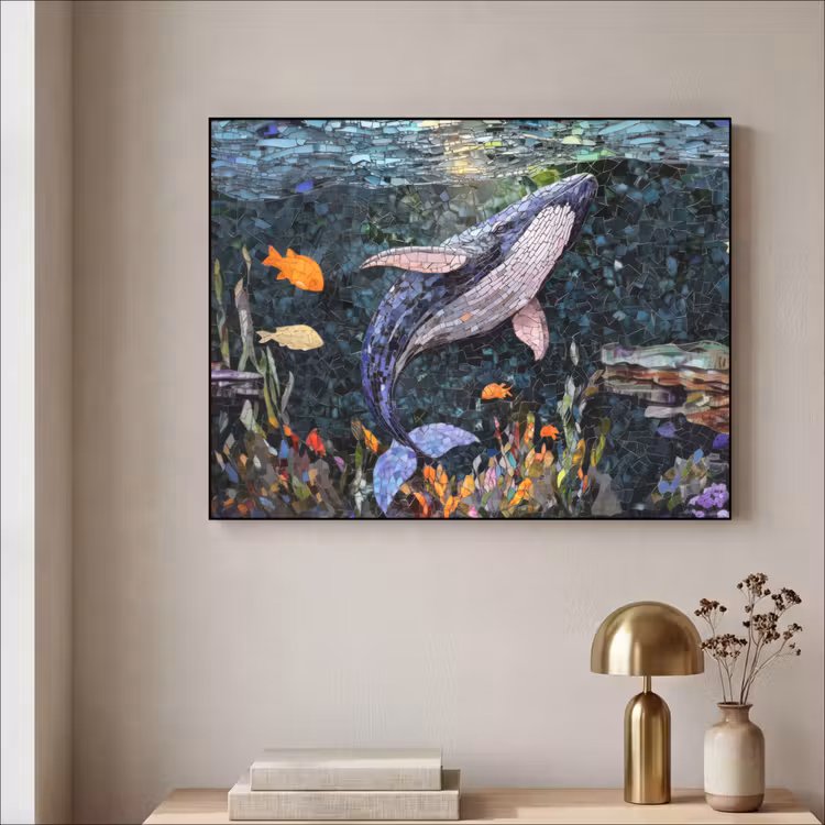 Mozaïek - Walvis - Koraal - Water Textielframe - compleet frame klein -sfeer2