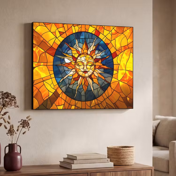 Mozaïek - Zon - Geel - Cirkel Textielframe - compleet frame klein -sfeer3