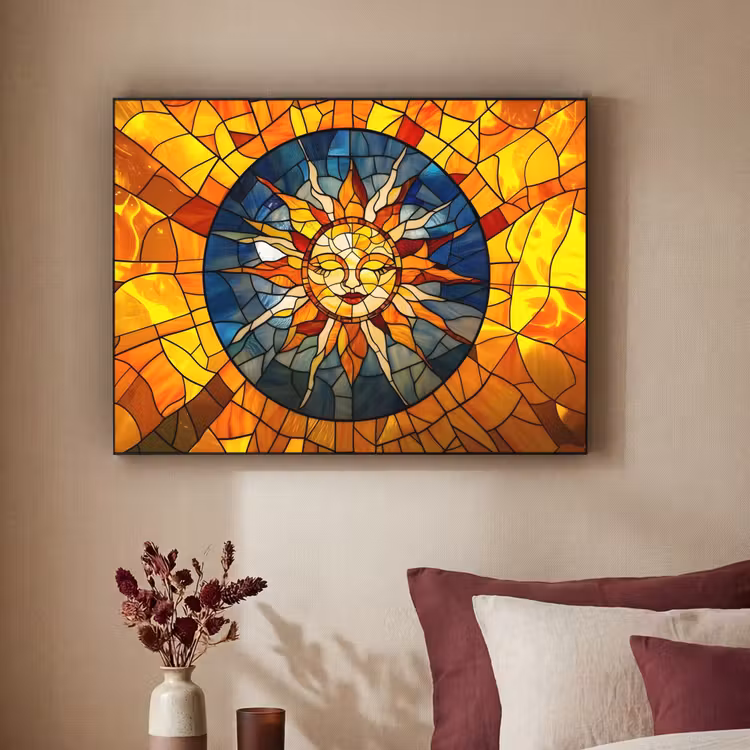 Mozaïek - Zon - Geel - Cirkel Textielframe zwart klein -sfeer1