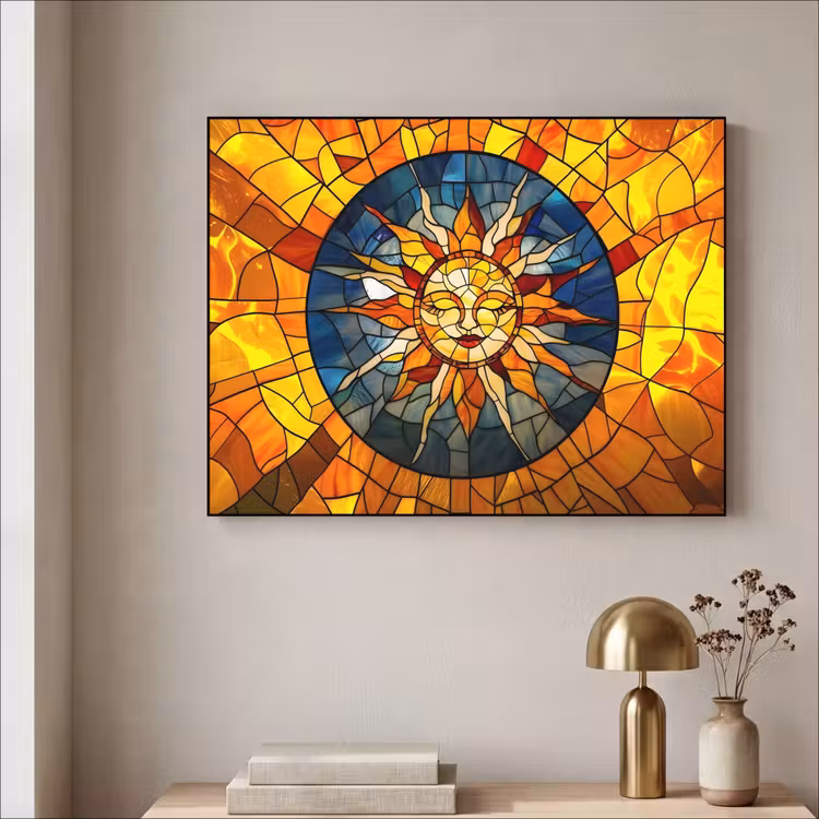 Mozaïek - Zon - Geel - Cirkel Textielframe zwart klein -sfeer2
