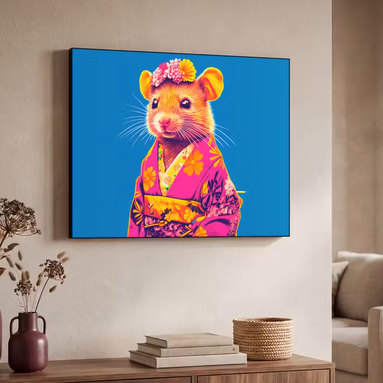 Muis - Kimono - Bloemen - Blauw Textielframe zwart klein -sfeer3