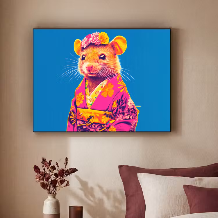 Muis - Kimono - Bloemen - Blauw Textielframe zwart klein -sfeer1