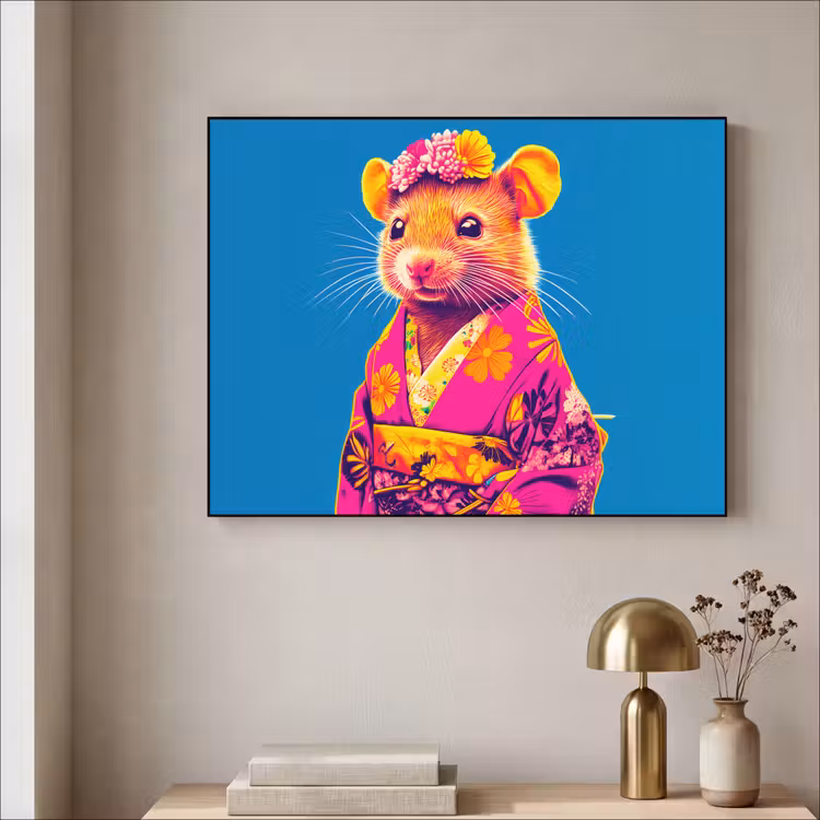 Muis - Kimono - Bloemen - Blauw Textielframe - compleet frame klein -sfeer2