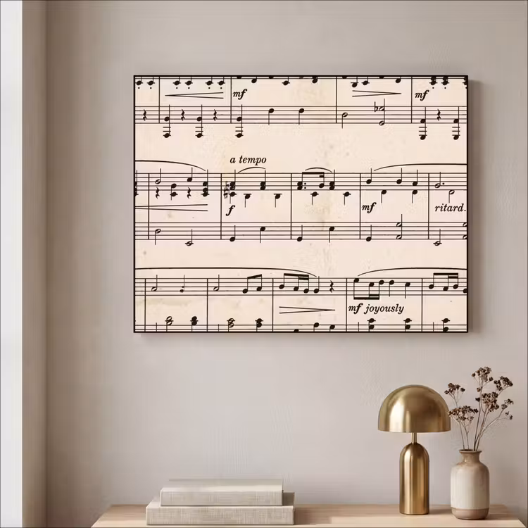 Muzieknotatie - Notenbalken - Kunst - Klassiek - Beige Textielframe zwart klein -sfeer2