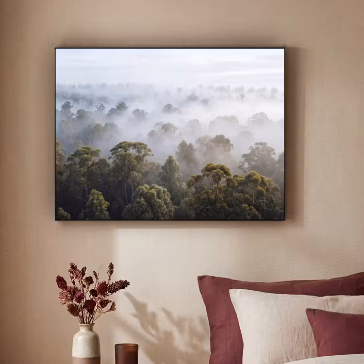 Natuur - Mist - Bos - Ochtend - Goud Textielframe zwart klein -sfeer1