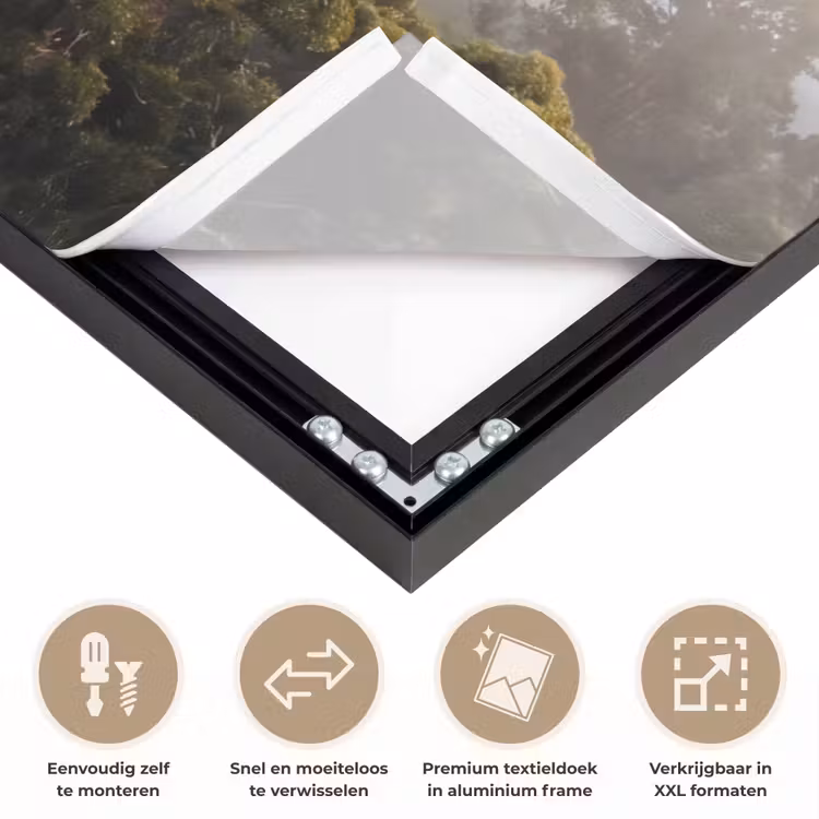 Natuur - Mist - Bos - Ochtend - Goud Textielframe zwart klein -USP_closeupNL