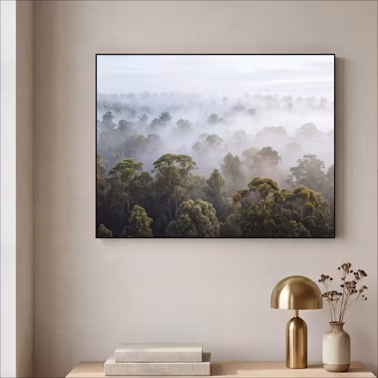 Natuur - Mist - Bos - Ochtend - Goud Textielframe zwart klein -sfeer2