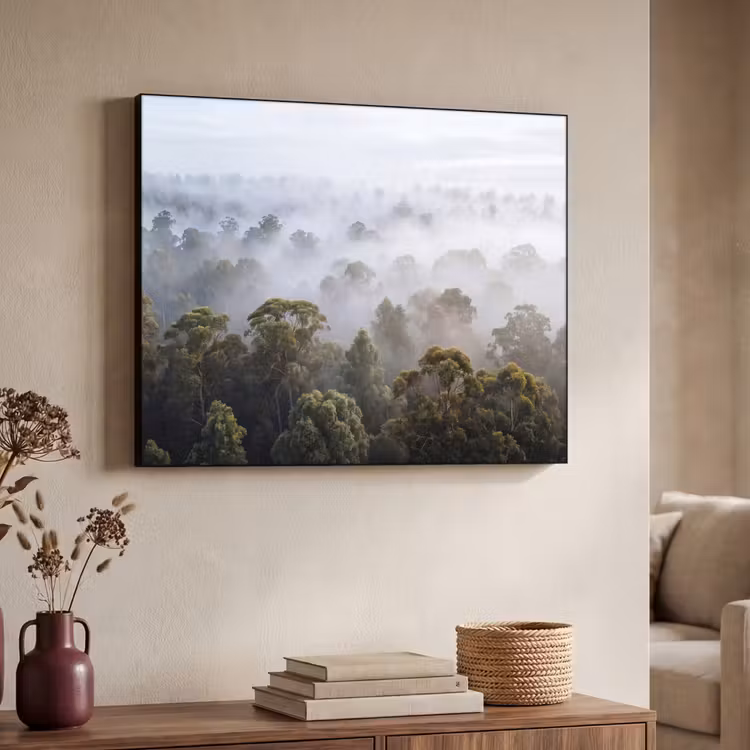 Natuur - Mist - Bos - Ochtend - Goud Textielframe zwart klein -sfeer3