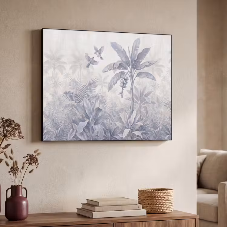 Natuur - Vogel - Jungle - Illustratie - Blauw Textielframe zwart klein -sfeer3