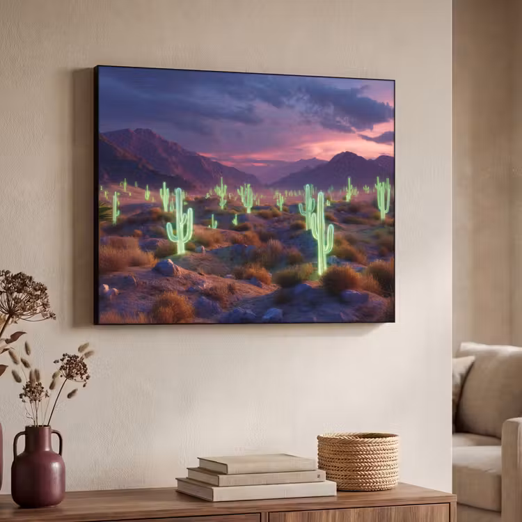 Neon cactussen - Woestijn - Zonsondergang Textielframe - compleet frame klein -sfeer3