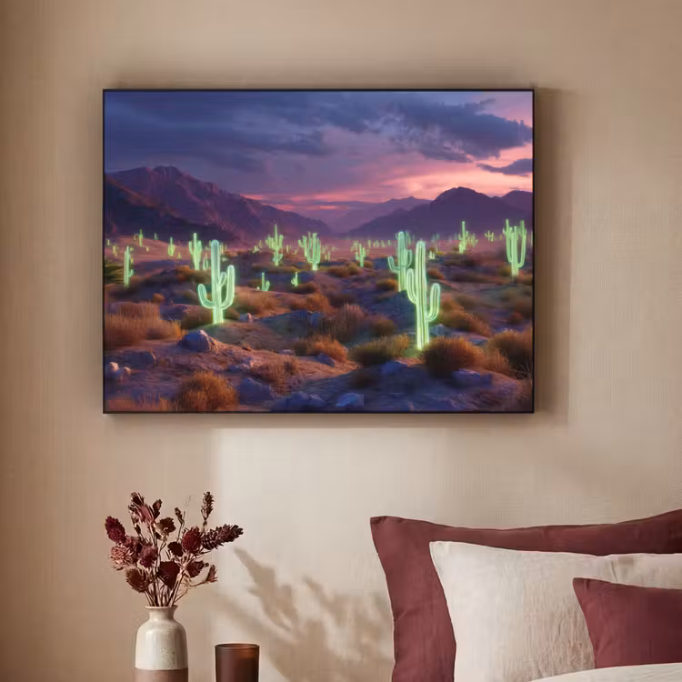 Neon cactussen - Woestijn - Zonsondergang Textielframe zwart klein -sfeer1