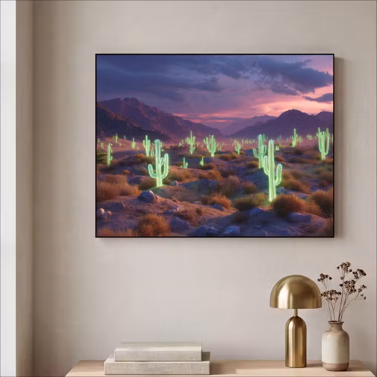 Neon cactussen - Woestijn - Zonsondergang Textielframe - compleet frame klein -sfeer2