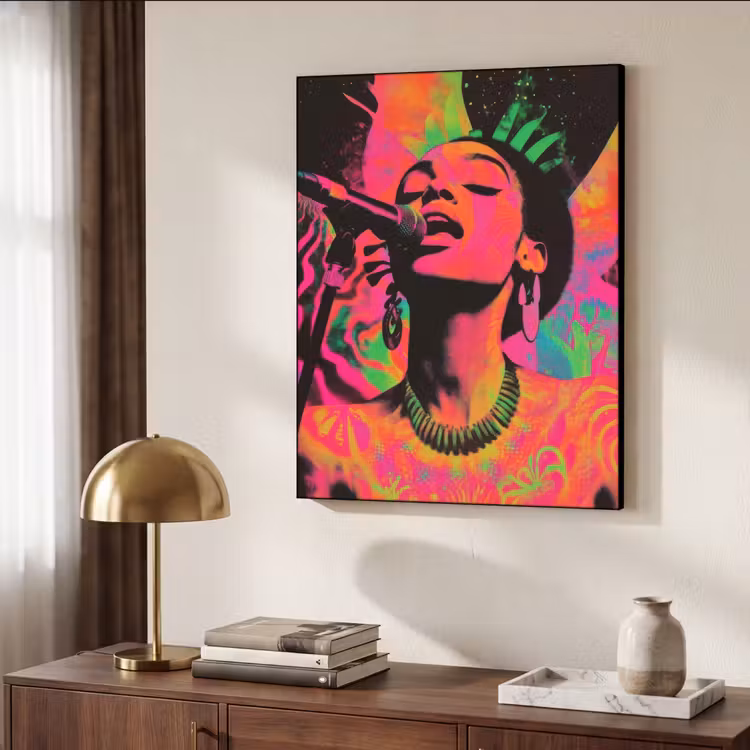 Neon - Vrouw - Microfoon Textielframe zwart klein -sfeer3