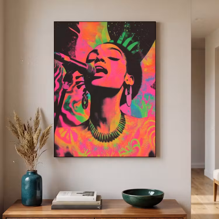Neon - Vrouw - Microfoon Textielframe - compleet frame klein -sfeer1