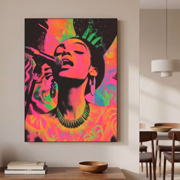 Neon - Vrouw - Microfoon Textielframe zwart klein -sfeer2
