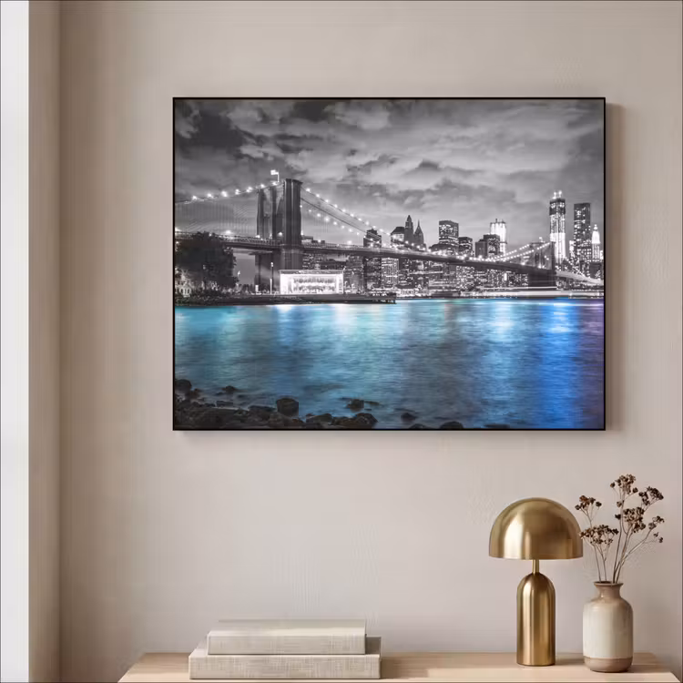 New York - Skyline - Stad - Blauw Textielframe zwart klein -sfeer2