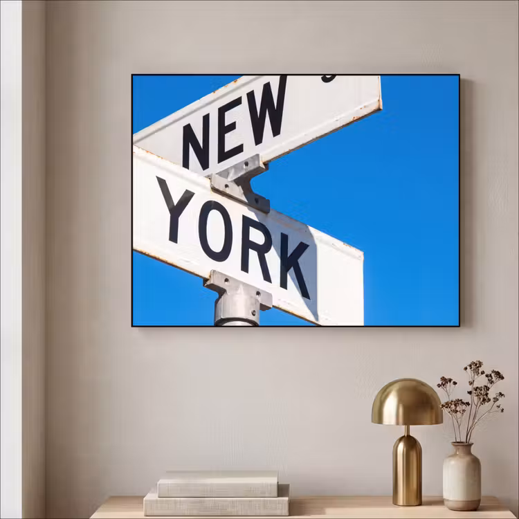 New York - Straatbord - Stad - Urban - Blauw Textielframe zwart klein -sfeer2