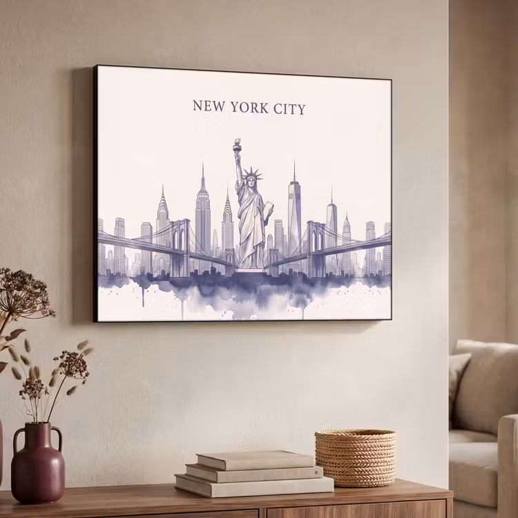 New York - Vrijheidsbeeld - Skyline - Illustratie - Blauw Textielframe zwart klein -sfeer3
