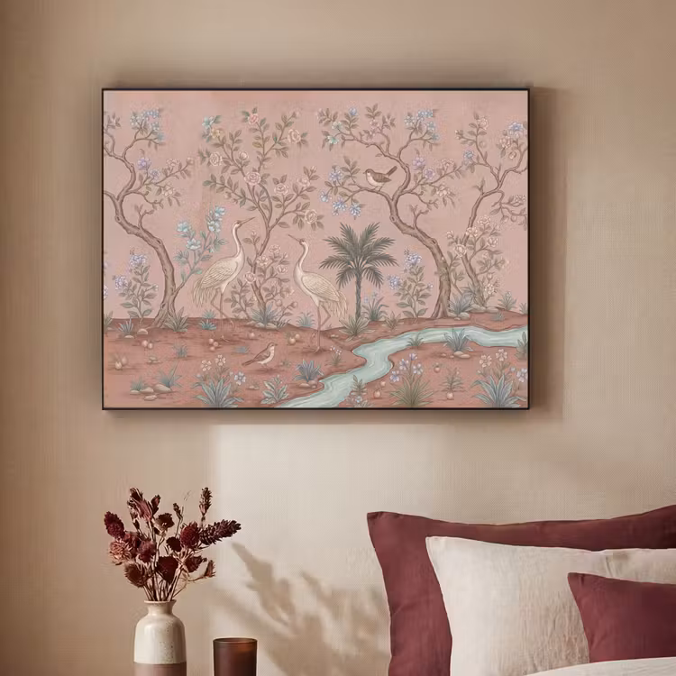 Nostalgisch - Reigers - Roze Textielframe zwart klein -sfeer1